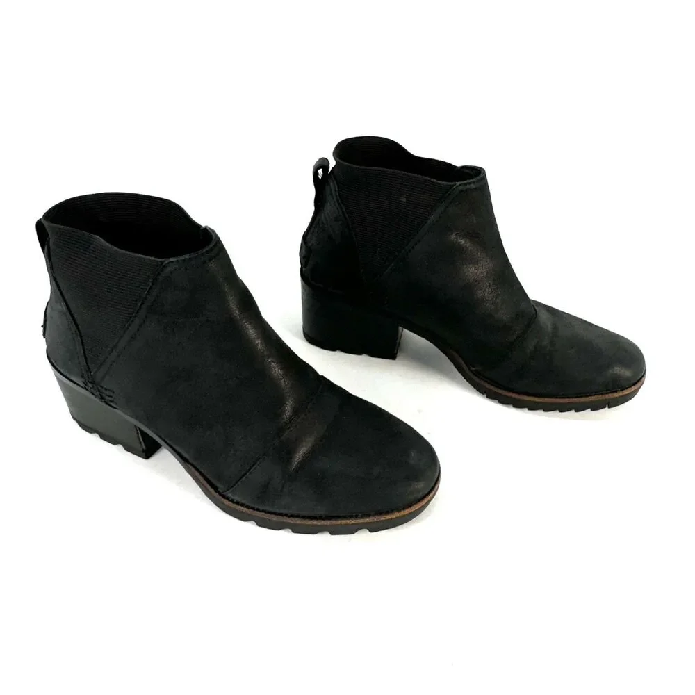 Sorel Cate Chelsea NL3712-010 Women's Black Leather Pull-on Ankle Bootie 7